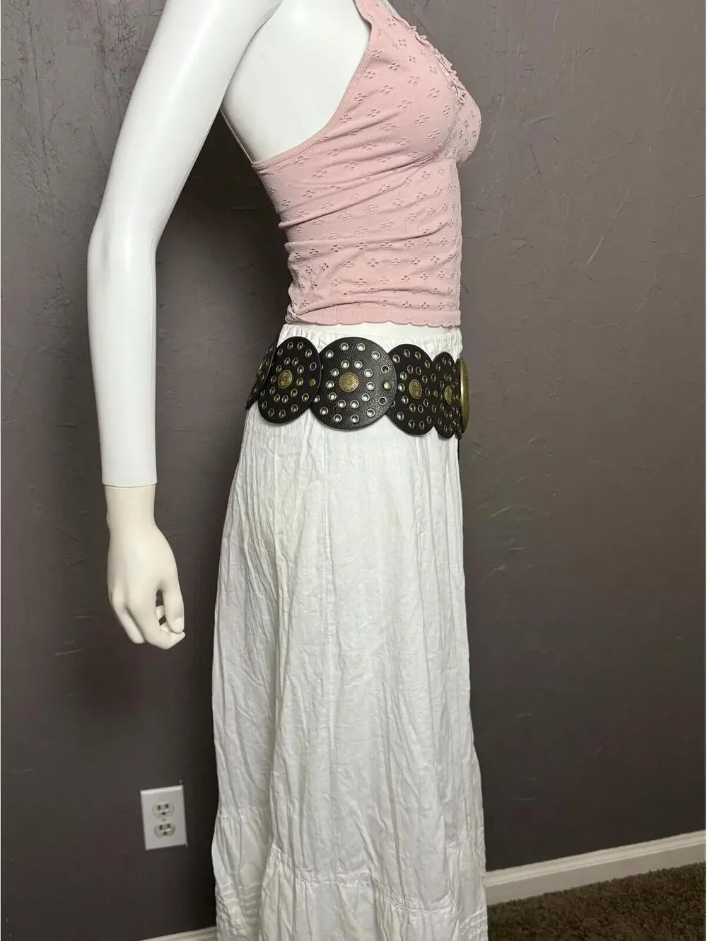 Vintage Y2K Statement Belt Black Disc + Brass Buckle and Grommet L/XL Hip Belt